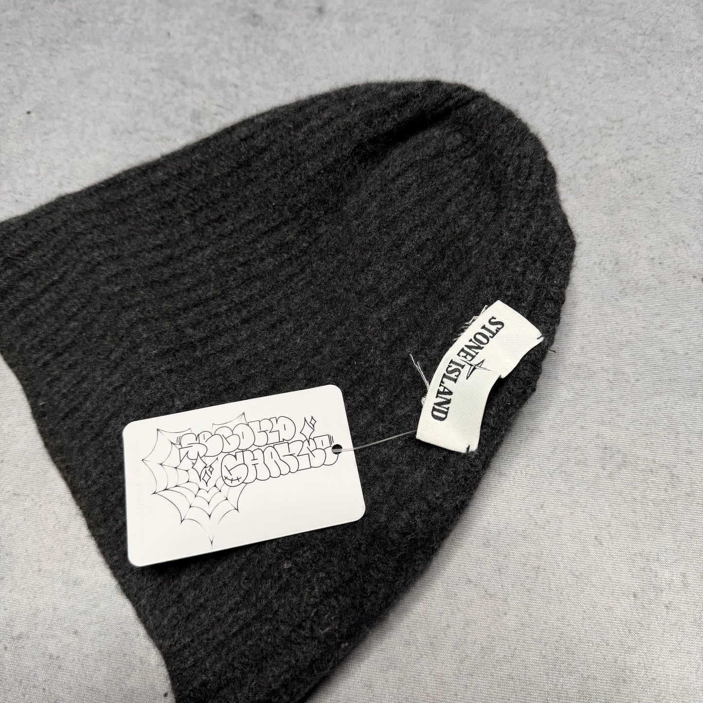 Stone Island Ribbed Knit Beanie Hat Compass Patch Dark Grey
