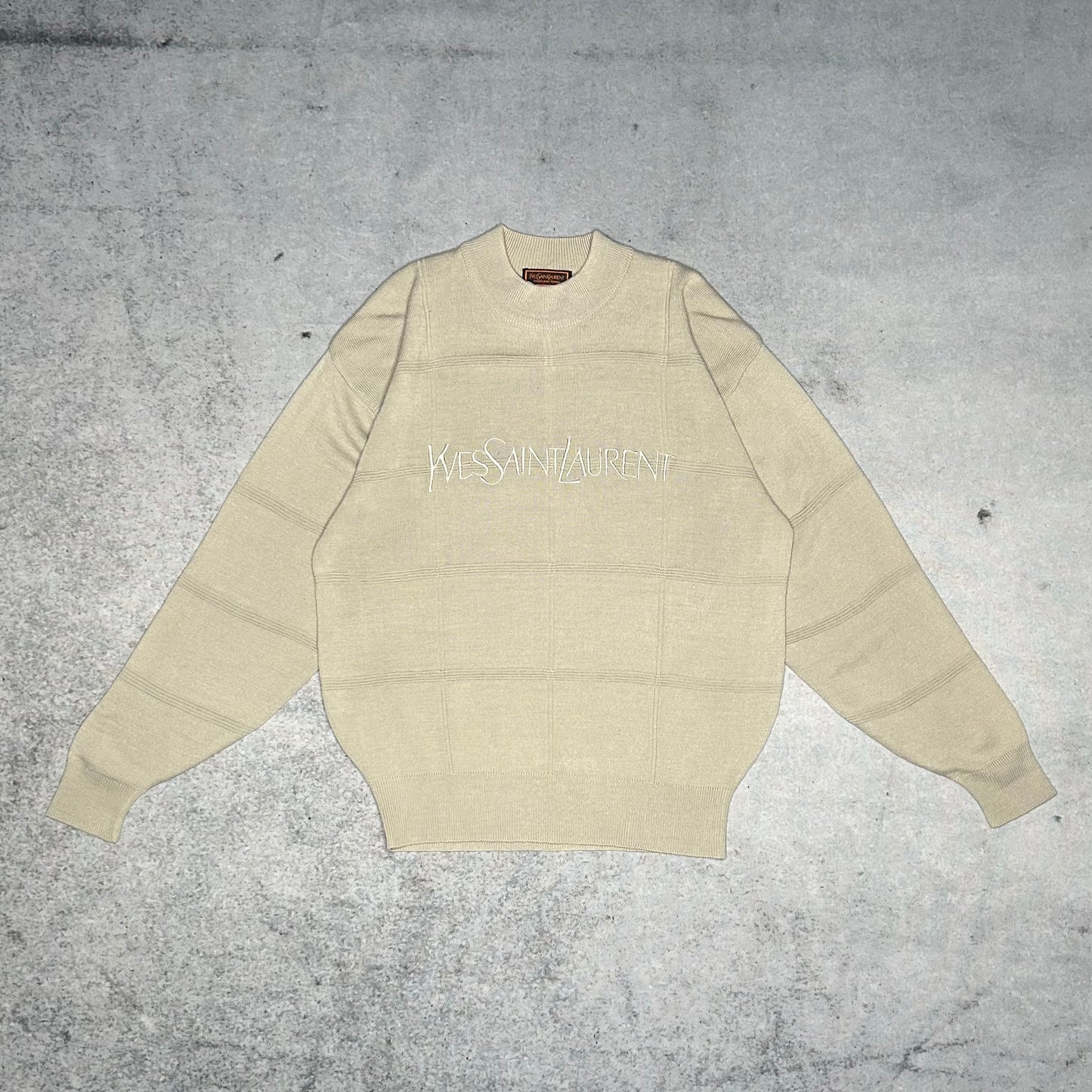 Yves Saint Laurent YSL Vintage Square Pattern Crewneck Knit Sweater beige (M)