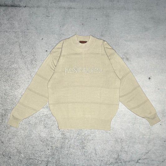 Yves Saint Laurent YSL Vintage Square Pattern Crewneck Knit Sweater beige (M)
