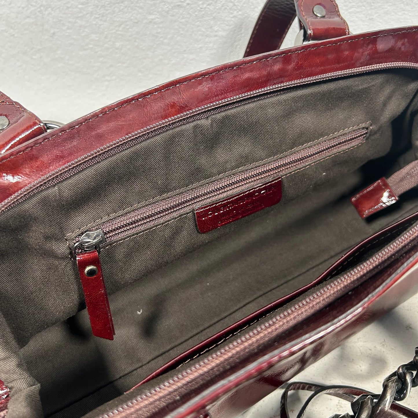 Roberta Gandolfi Y2K Glossy Hand Bag bordeaux red Silver Chain & Studs