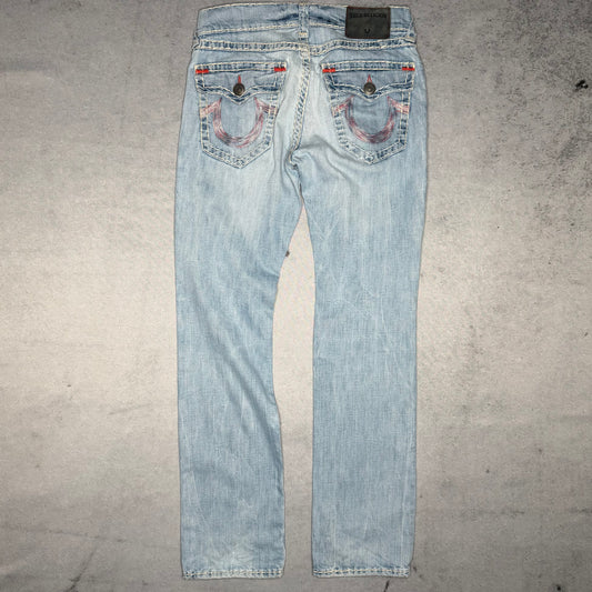 True Religion Vintage Ricky Super T Jeans w/ Flap light blue pink horseshoe (31)