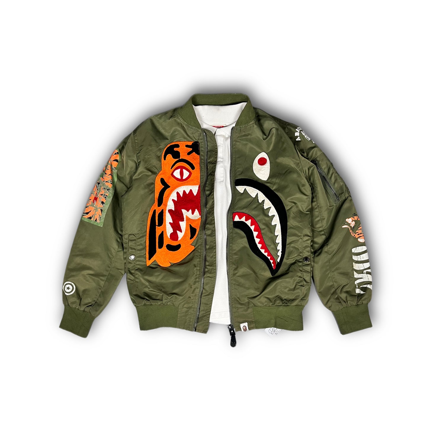 BAPE Half Shark Half Tiger Split MA1 Bomber Jacket Olive