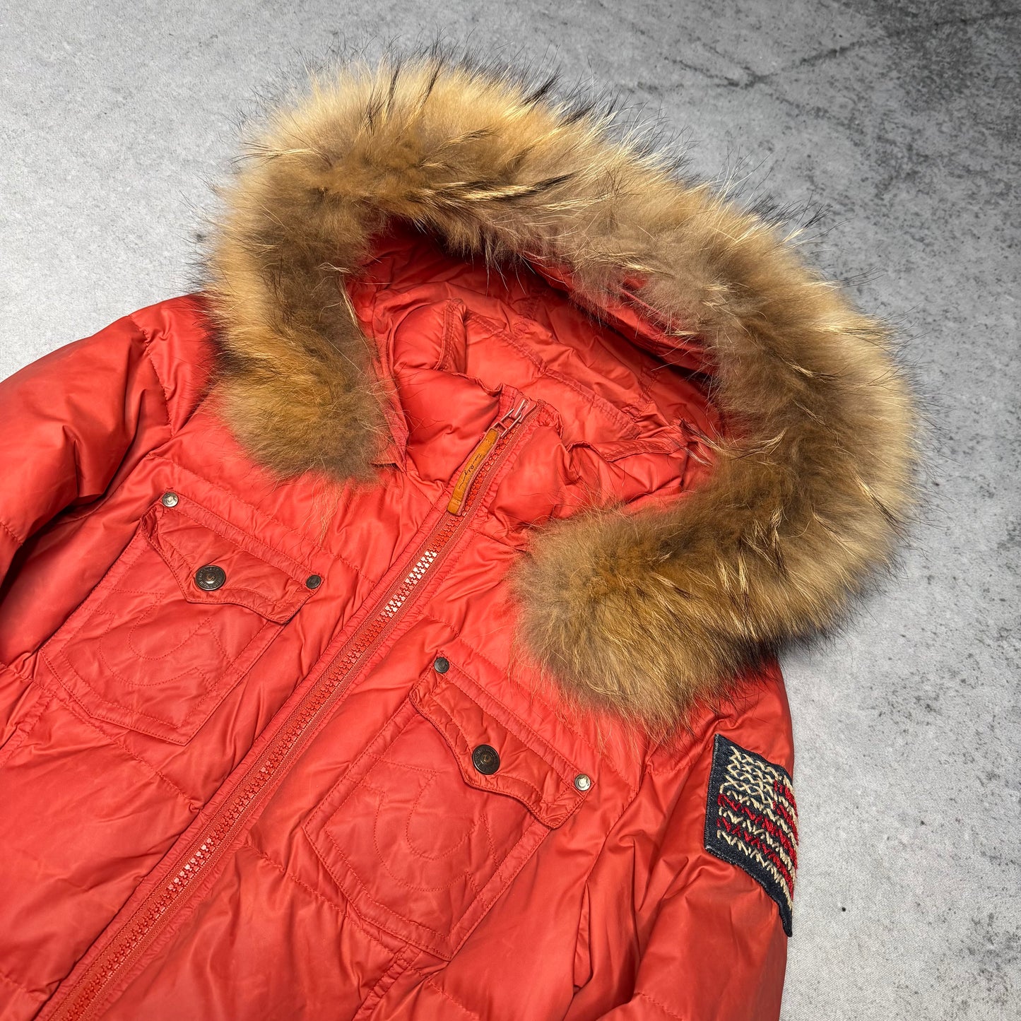 True Religion 00s Bomber Raccoon Fur Puffer Jacket red (fits S)