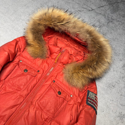 True Religion 00s Bomber Raccoon Fur Puffer Jacket red (fits S)