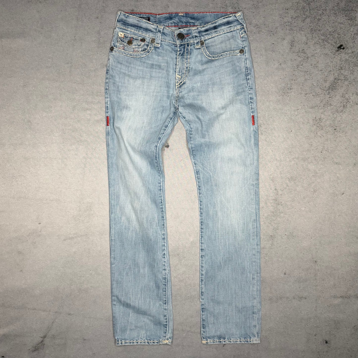 True Religion Vintage Ricky Super T Jeans w/ Flap light blue pink horseshoe (31)