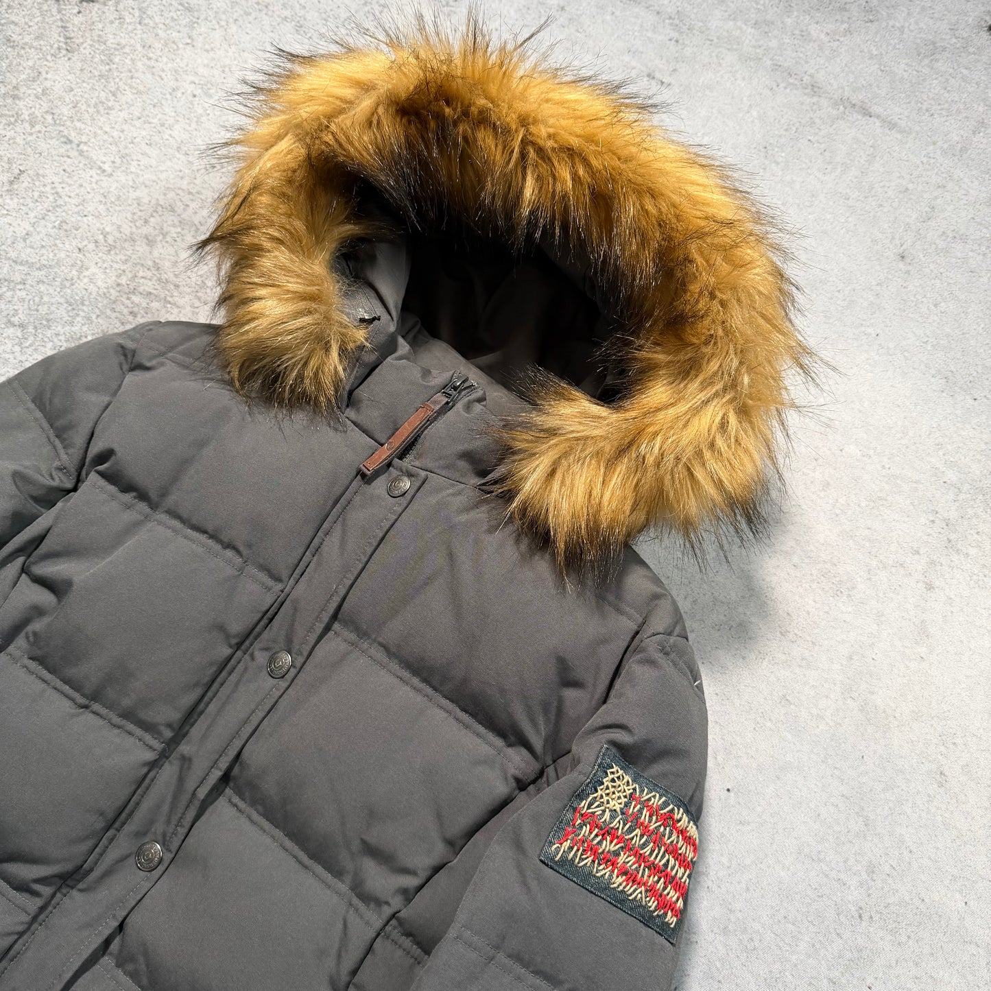 True Religion Hooded Puffer Down Jacket Faux Fur (Womens XL / Fits Mens S)