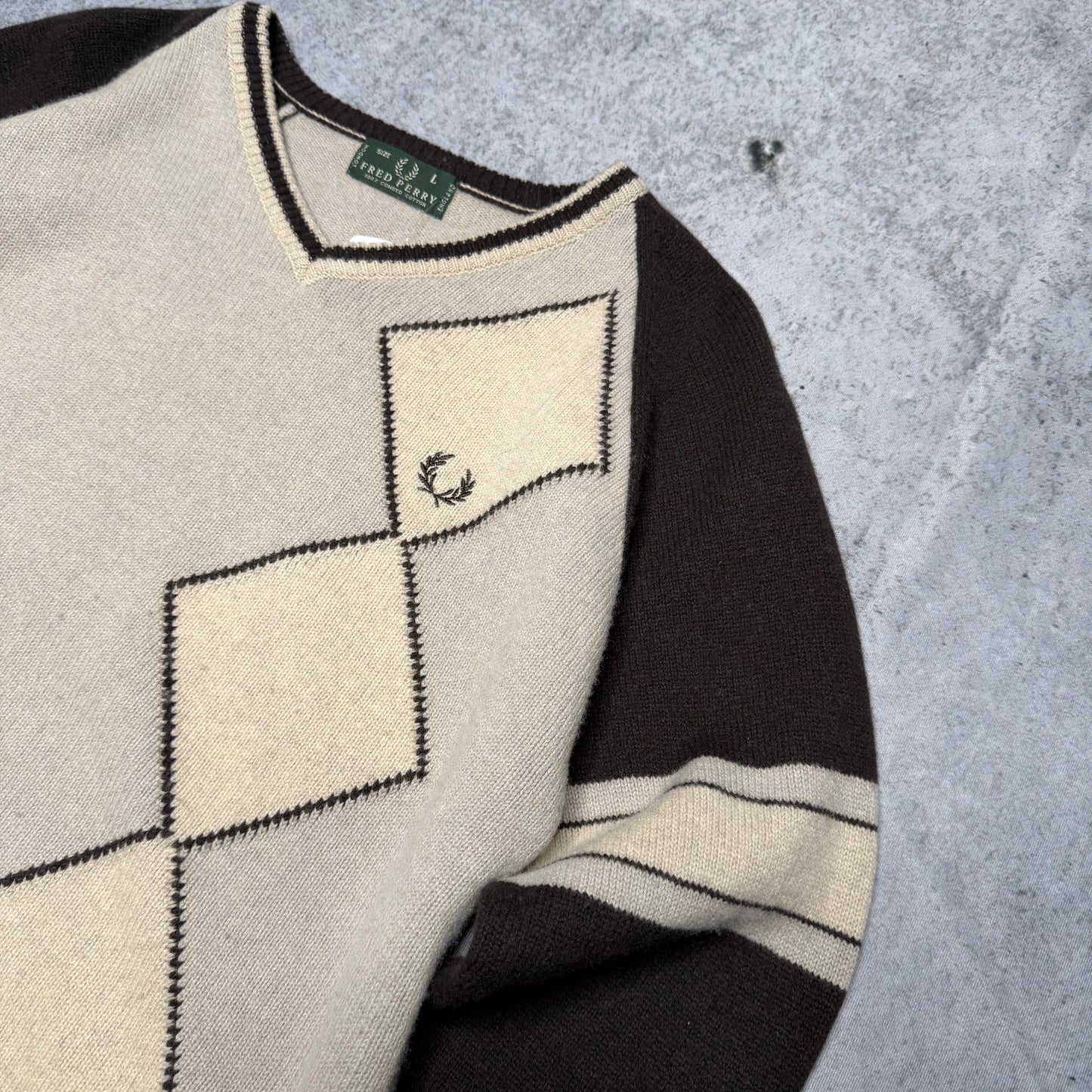 Fred Perry Vintage 90s V-Neck Argyle Knit Sweater grey white (L)