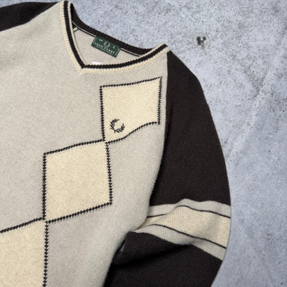 Fred Perry Vintage 90s V-Neck Argyle Knit Sweater grey white (L)