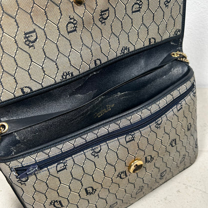 Christian Dior 90s Canvas Honeycomb Handbag w/ Leather & gold chain
