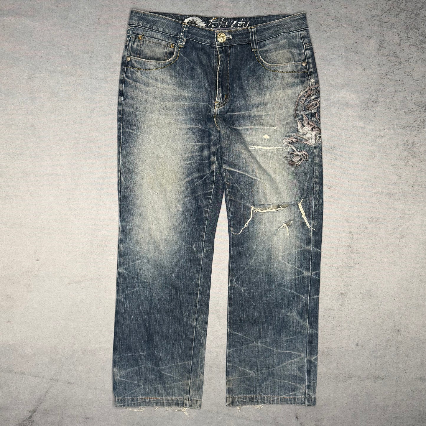 Big Train Osaka Vintage Japanese Clouds Embroidery Jeans (L)