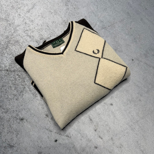 Fred Perry Vintage 90s V-Neck Argyle Knit Sweater grey white (L)