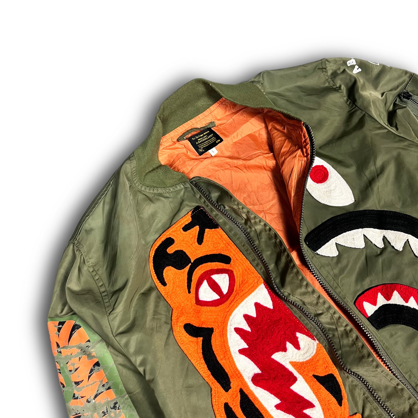 BAPE Half Shark Half Tiger Split MA1 Bomber Jacket Olive