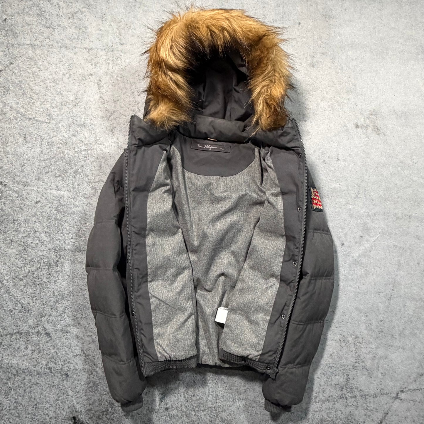 True Religion Hooded Puffer Down Jacket Faux Fur (Womens XL / Fits Mens S)