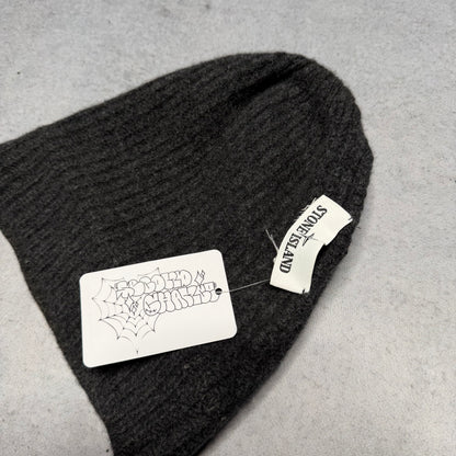 Stone Island Ribbed Knit Beanie Hat Compass Patch Dark Grey