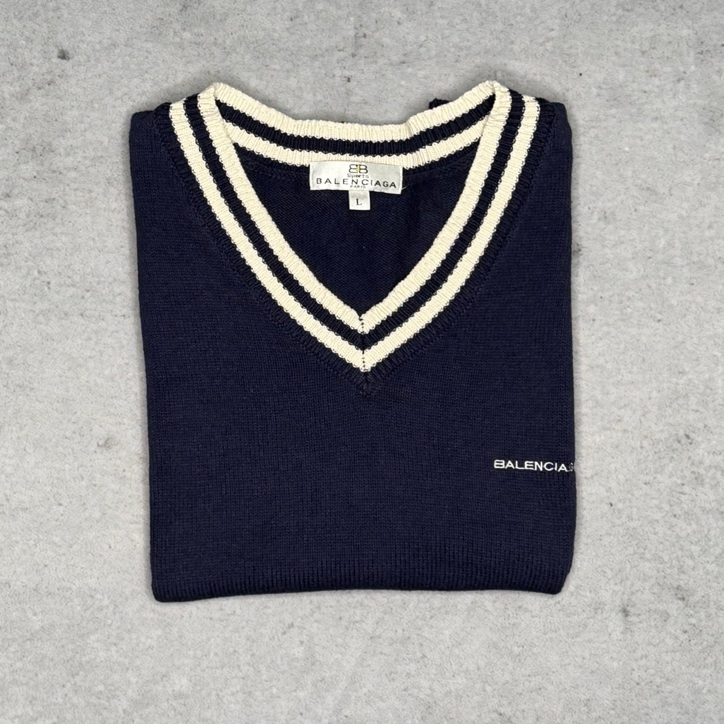 Balenciaga Vintage Knit Vest Pullover V-Neck navy blue white (fits S-M)