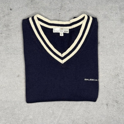 Balenciaga Vintage Knit Vest Pullover V-Neck navy blue white (fits S-M)