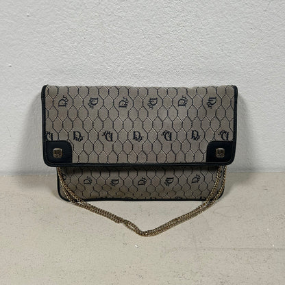 Christian Dior 90s Canvas Honeycomb Handbag w/ Leather & gold chain