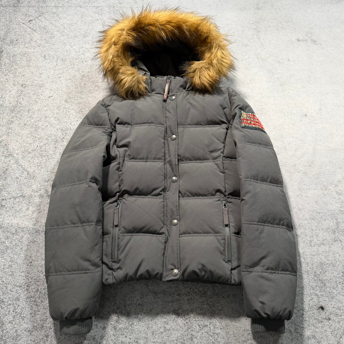 True Religion Hooded Puffer Down Jacket Faux Fur (Womens XL / Fits Mens S)