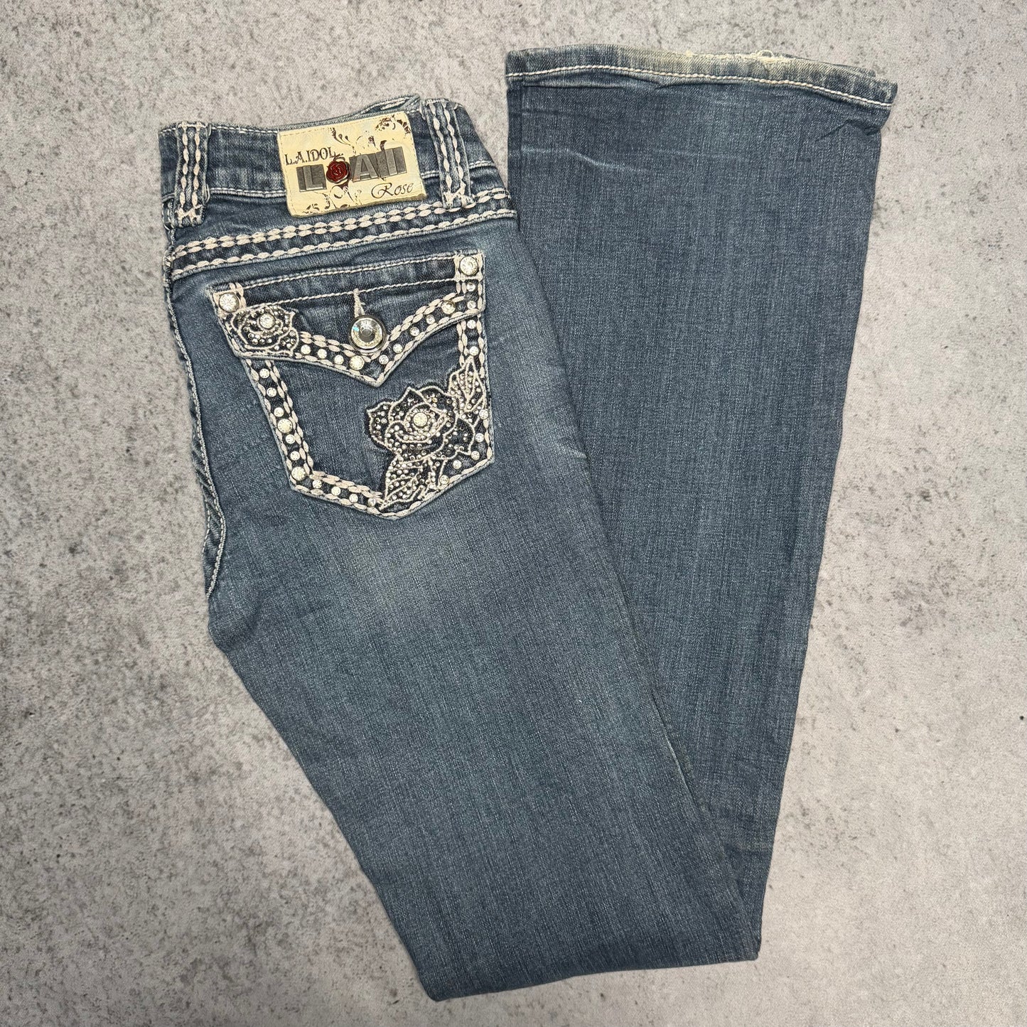 LA Idol Y2K Low Waist Bootcut Jeans Rare Gemstone Details (29/34)