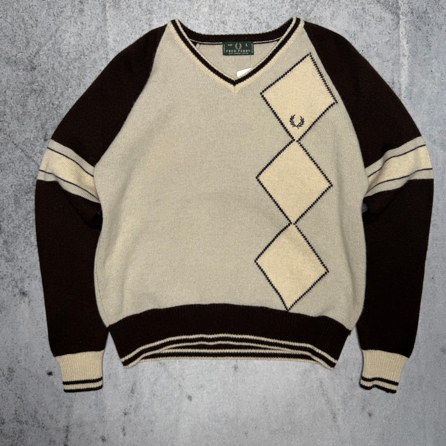 Fred Perry Vintage 90s V-Neck Argyle Knit Sweater grey white (L)