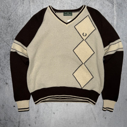 Fred Perry Vintage 90s V-Neck Argyle Knit Sweater grey white (L)