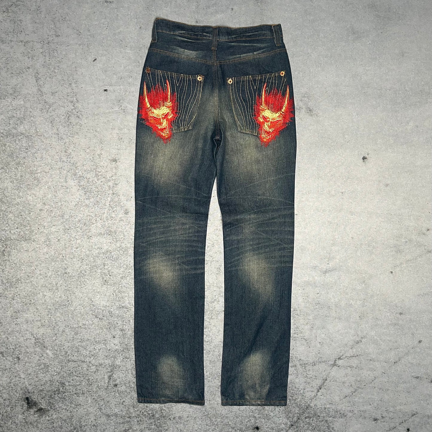 Oniarai Japanese Y2K Womens Jeans Flame Devil Embroidered (28)