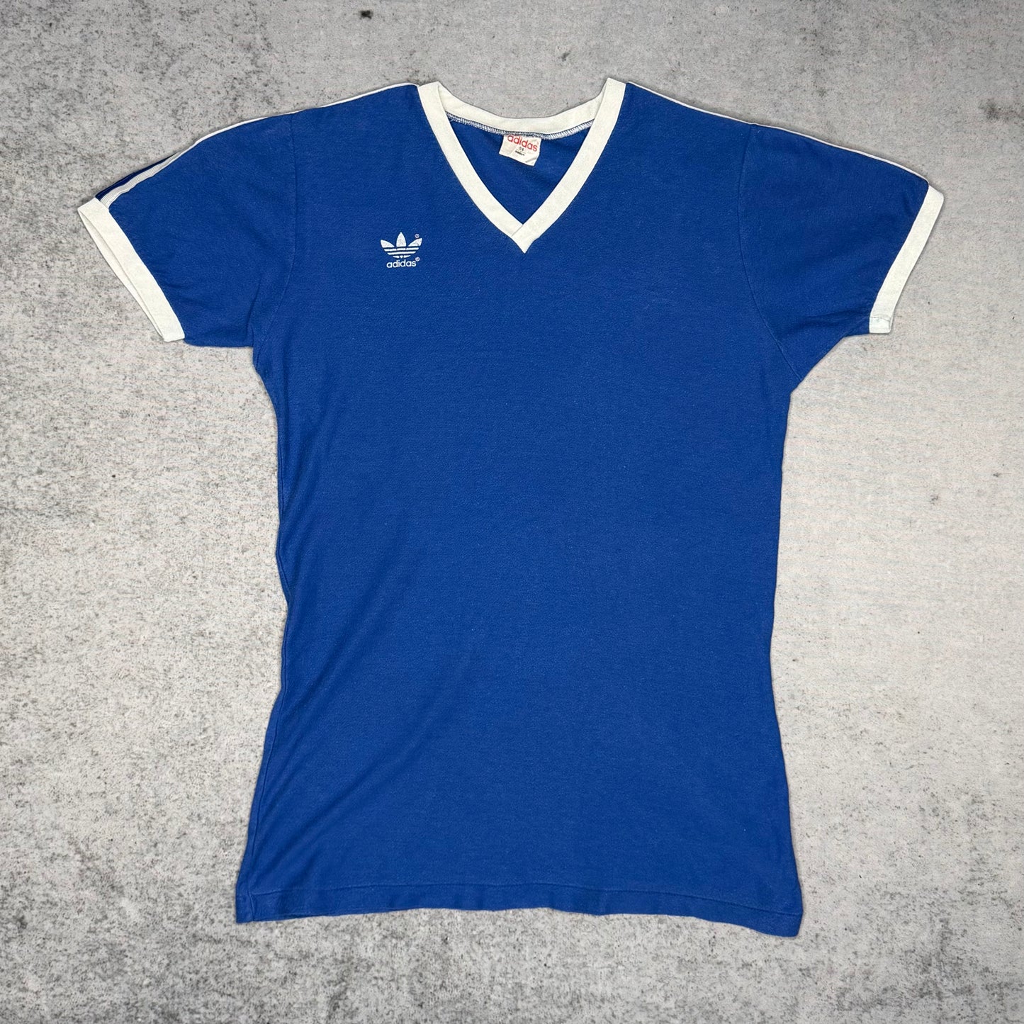 Adidas Vintage 1970s V Neck Cotton Jersey Tee blue white "9" (M)