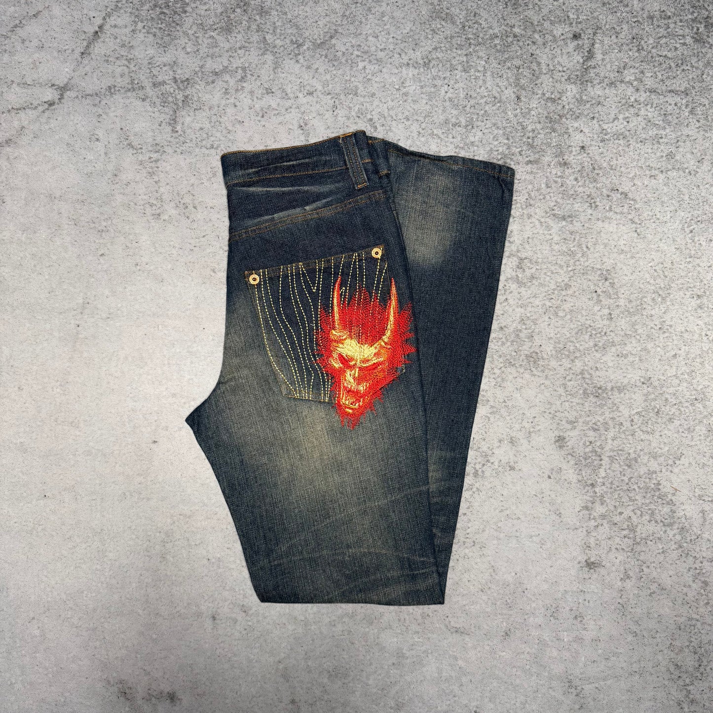 Oniarai Japanese Y2K Womens Jeans Flame Devil Embroidered (28)