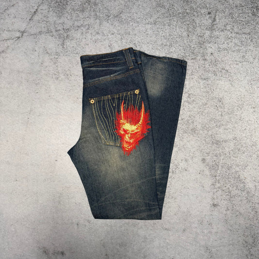 Oniarai Japanese Y2K Womens Jeans Flame Devil Embroidered (28)