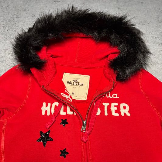 Hollister Women's Faux Fur Zip Hoodie Sweatshirt red like NEW (M fits S)