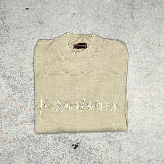 Yves Saint Laurent YSL Vintage Square Pattern Crewneck Knit Sweater beige (M)
