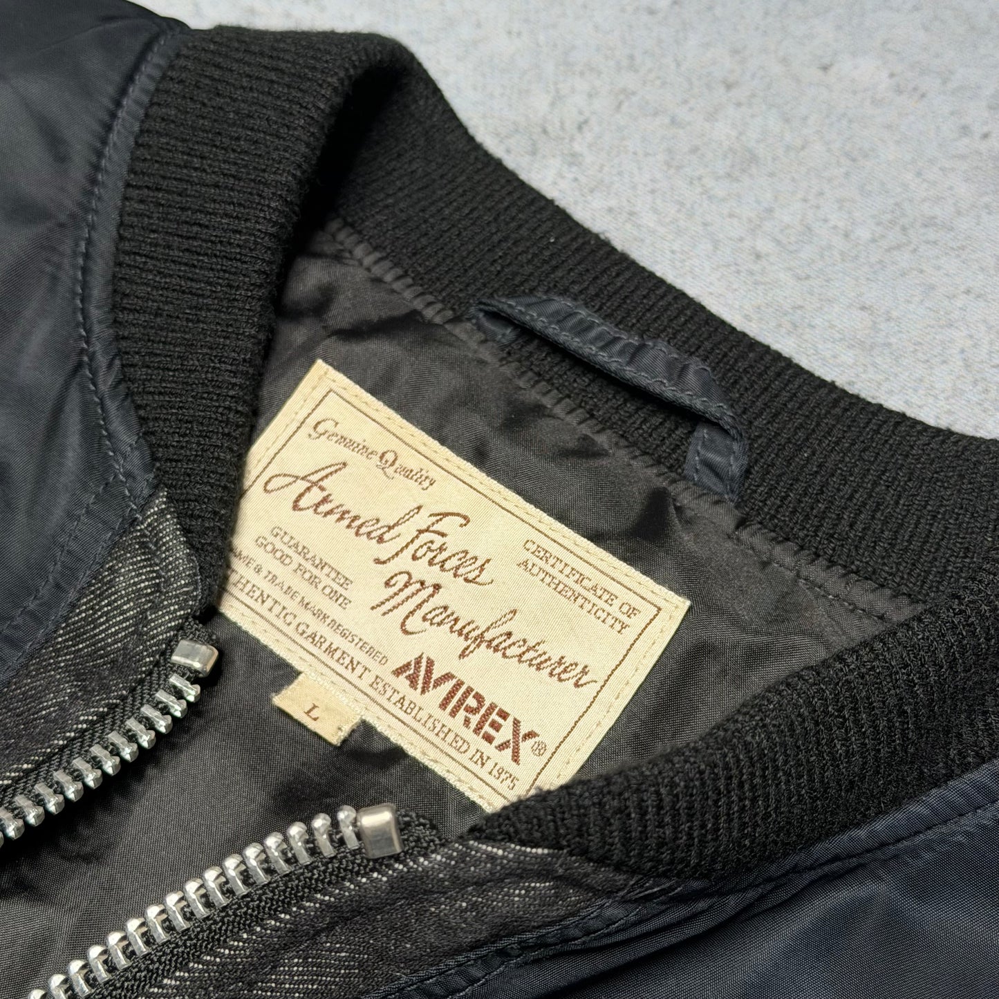 Avirex Vintage Nylon Denim Leather Tactical Bomber Jacket navy grey (L)