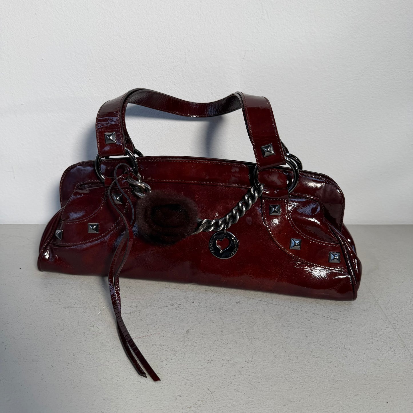 Roberta Gandolfi Y2K Glossy Hand Bag bordeaux red Silver Chain & Studs
