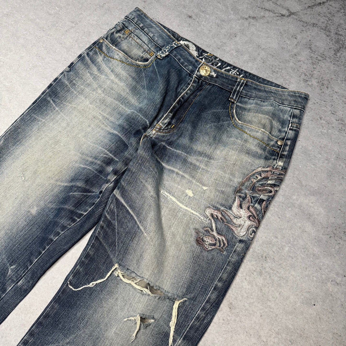 Big Train Osaka Vintage Japanese Clouds Embroidery Jeans (L)