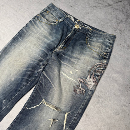 Big Train Osaka Vintage Japanese Clouds Embroidery Jeans (L)