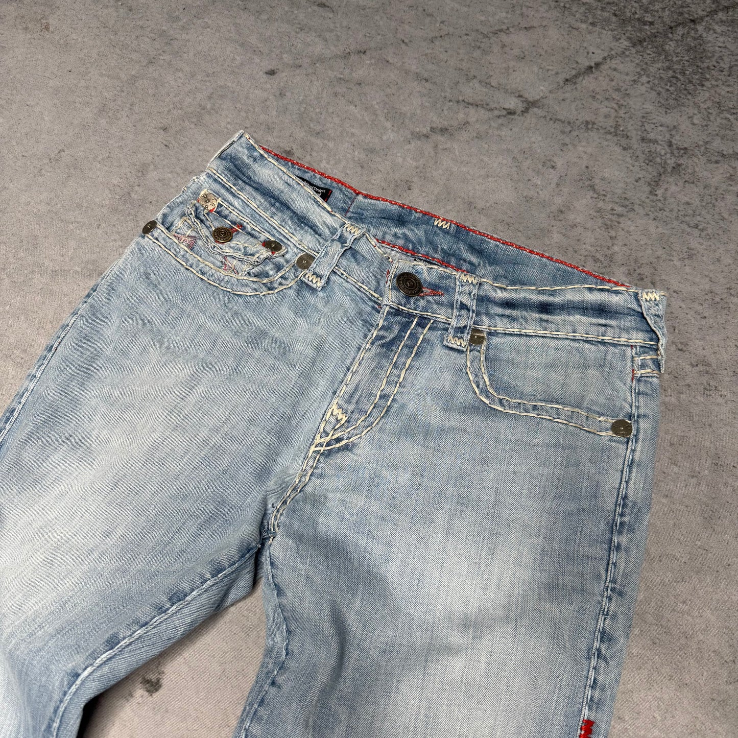 True Religion Vintage Ricky Super T Jeans w/ Flap light blue pink horseshoe (31)