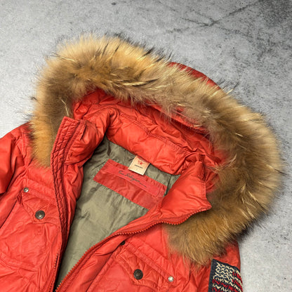True Religion 00s Bomber Raccoon Fur Puffer Jacket red (fits S)