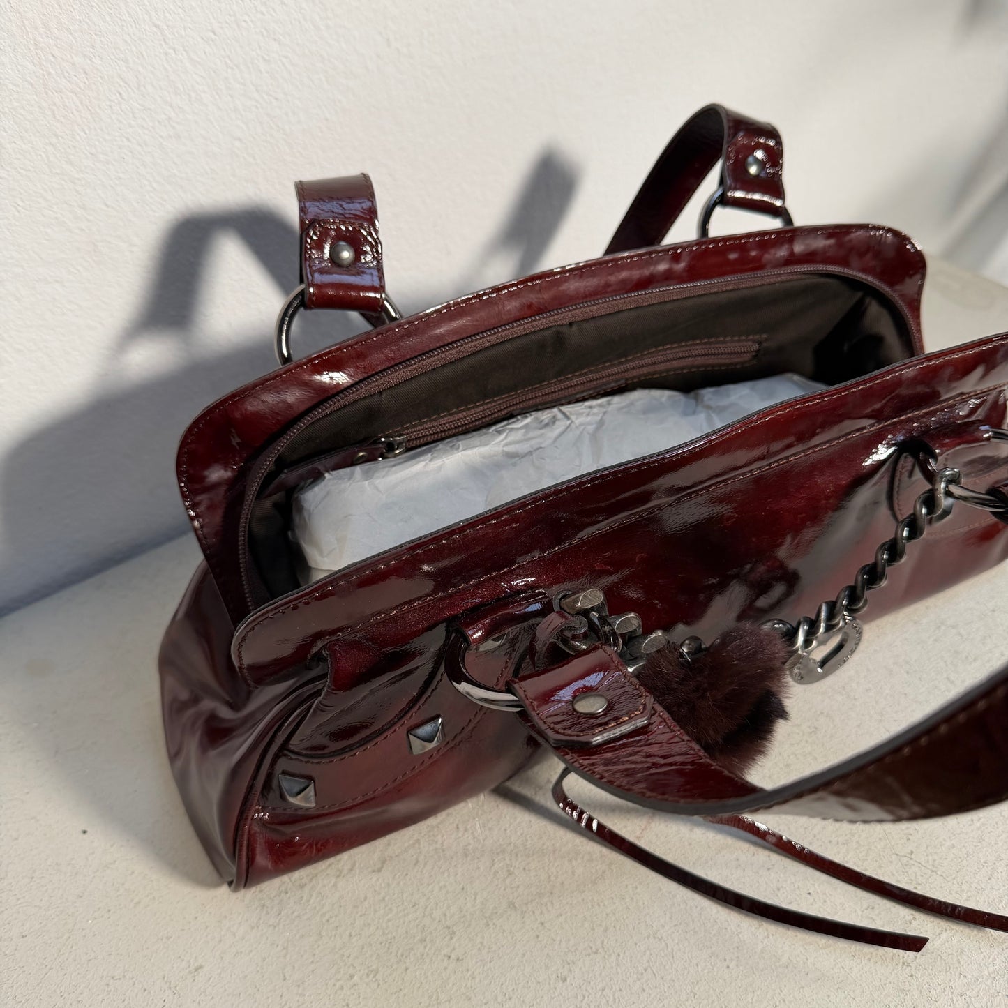 Roberta Gandolfi Y2K Glossy Hand Bag bordeaux red Silver Chain & Studs