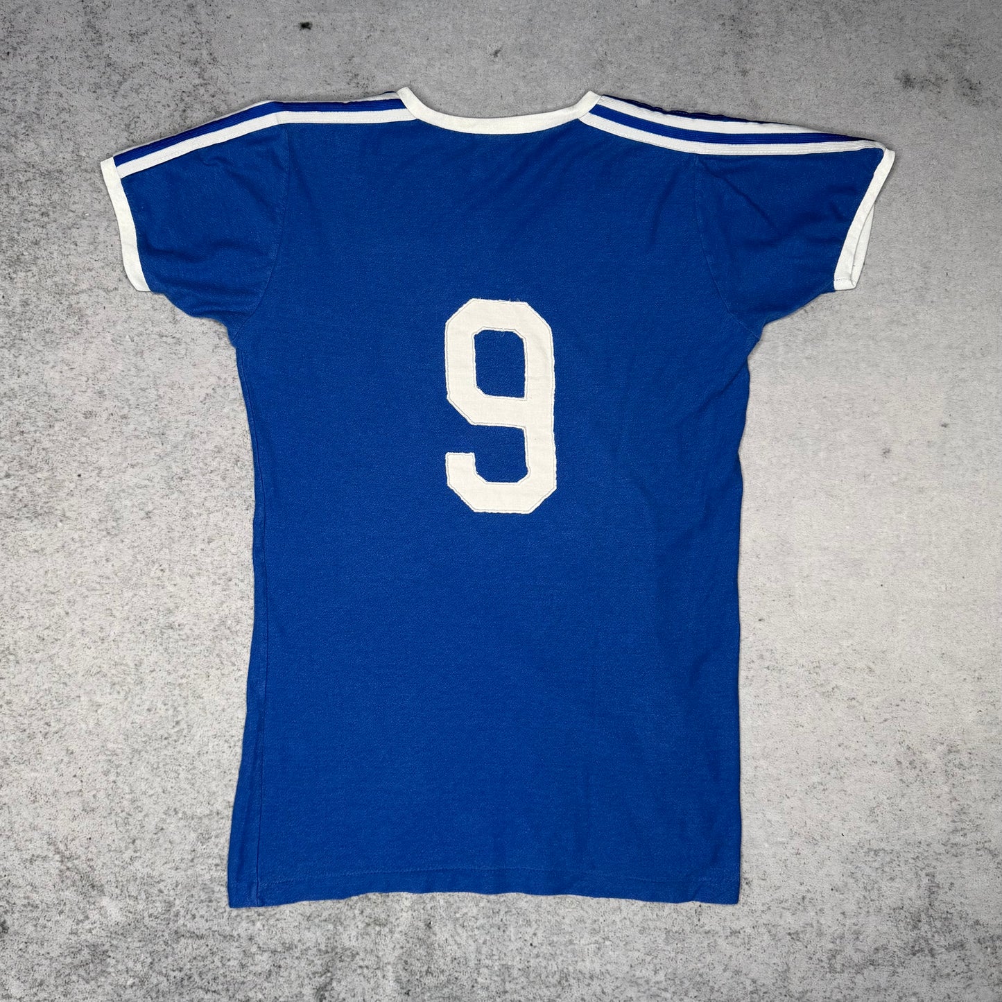 Adidas Vintage 1970s V Neck Cotton Jersey Tee blue white "9" (M)