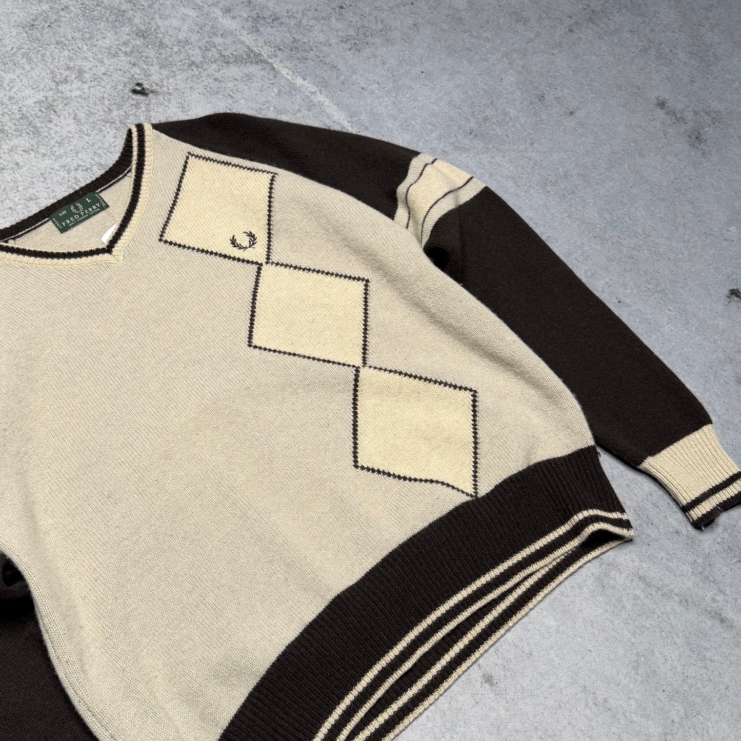 Fred Perry Vintage 90s V-Neck Argyle Knit Sweater grey white (L)