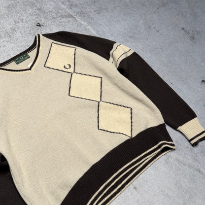 Fred Perry Vintage 90s V-Neck Argyle Knit Sweater grey white (L)