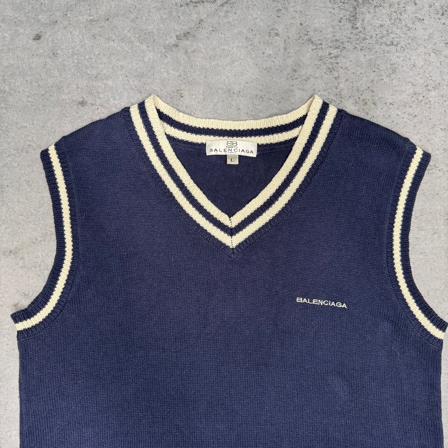 Balenciaga Vintage Knit Vest Pullover V-Neck navy blue white (fits S-M)