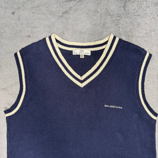 Balenciaga Vintage Knit Vest Pullover V-Neck navy blue white (fits S-M)