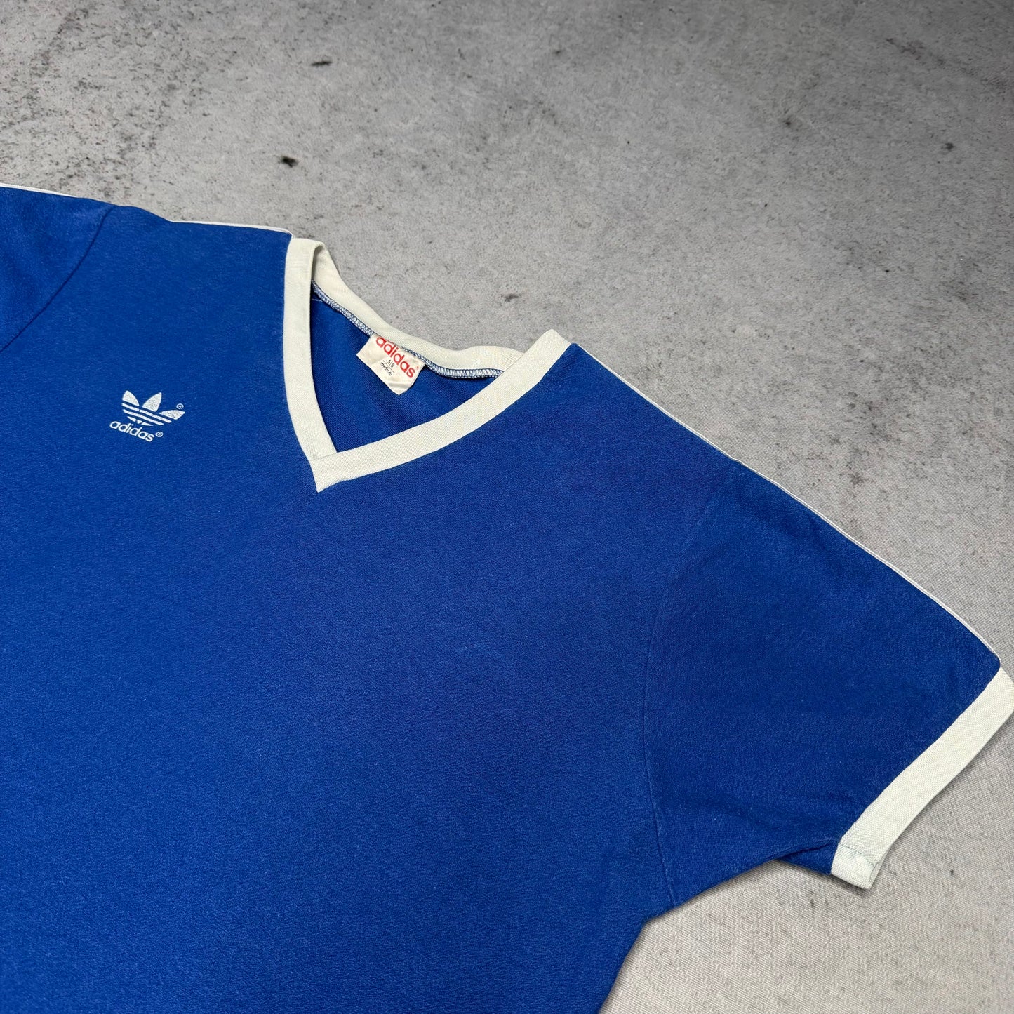 Adidas Vintage 1970s V Neck Cotton Jersey Tee blue white "9" (M)