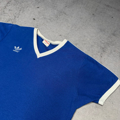 Adidas Vintage 1970s V Neck Cotton Jersey Tee blue white "9" (M)
