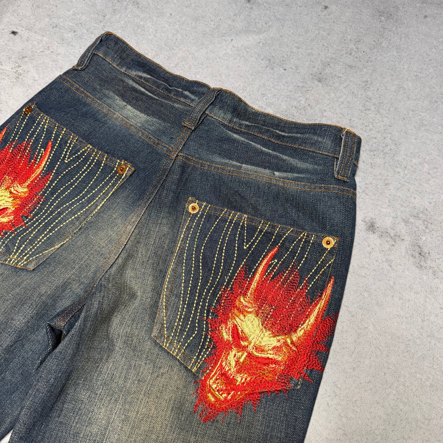 Oniarai Japanese Y2K Womens Jeans Flame Devil Embroidered (28)