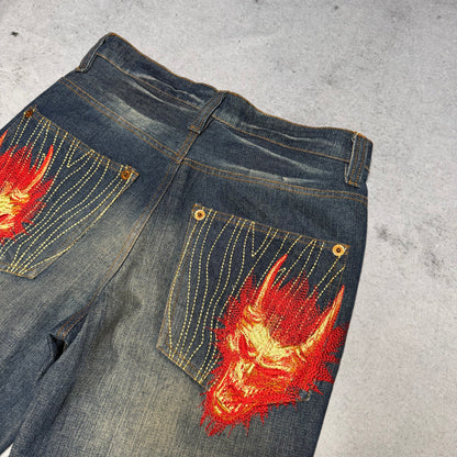Oniarai Japanese Y2K Womens Jeans Flame Devil Embroidered (28)