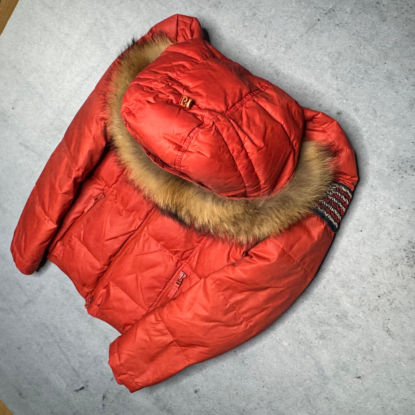 True Religion 00s Bomber Raccoon Fur Puffer Jacket red (fits S)