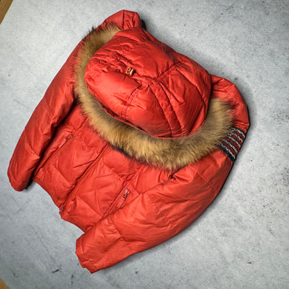 True Religion 00s Bomber Raccoon Fur Puffer Jacket red (fits S)
