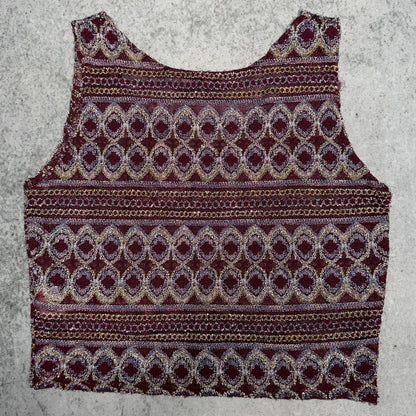Vintage Tapestry Jacquard Tank Top Boho Brocade Red Gold (M)